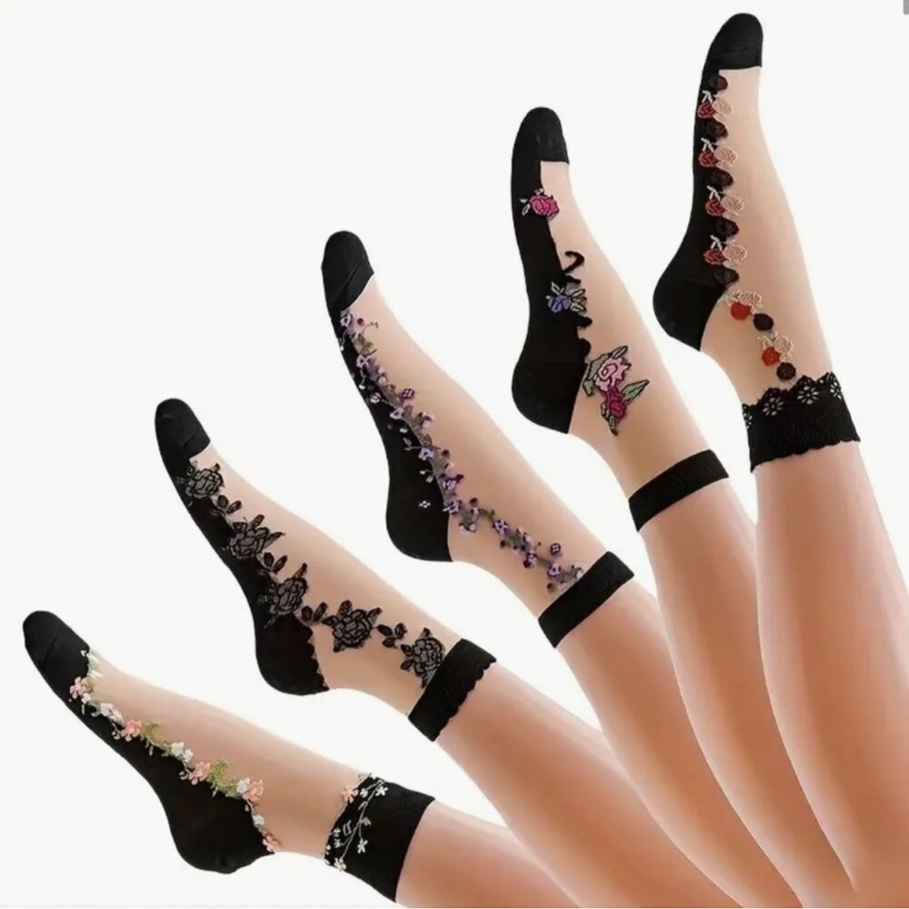 NEW Lot 5 Pair Black Sheer Tulle Floral Flocked Ankle Socks OS